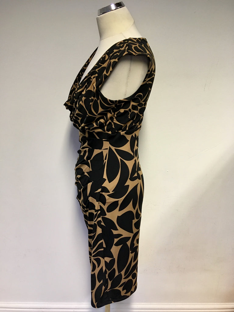 PHASE EIGHT BLACK & CAMEL PRINT COWL NECKLINE PENCIL DRESS SIZE 12 ...