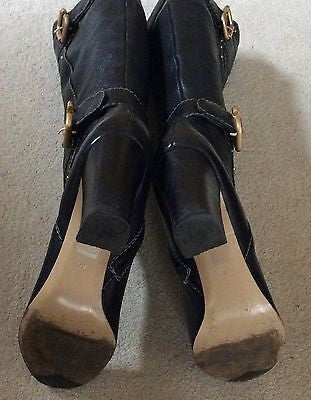 Fiona Mcguinness Black Leather Buckle Trims Heeled Knee High Boots Siz ...