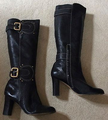 Fiona Mcguinness Black Leather Buckle Trims Heeled Knee High Boots Siz ...