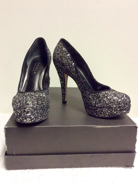 black and silver sparkly heels