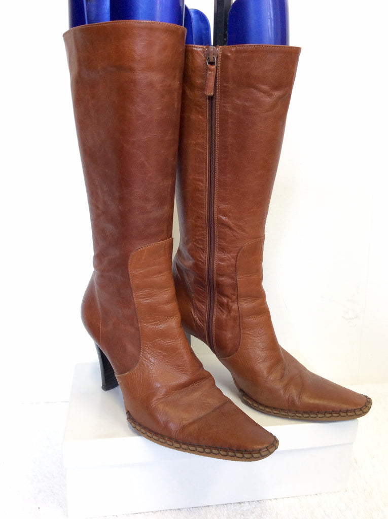 tan leather calf length boots
