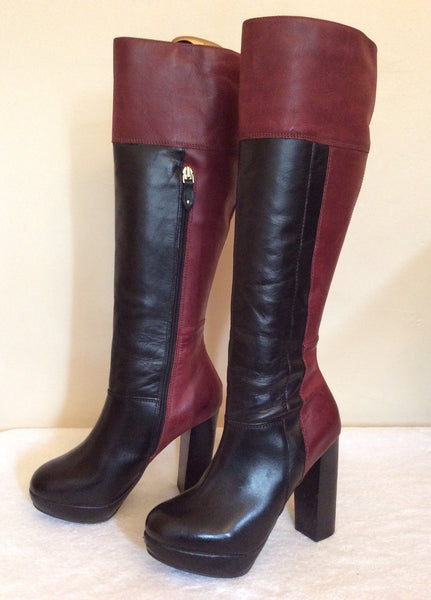Betty Jackson Black Burgundy & Black Leather Knee High Boots Size 4/37 ...