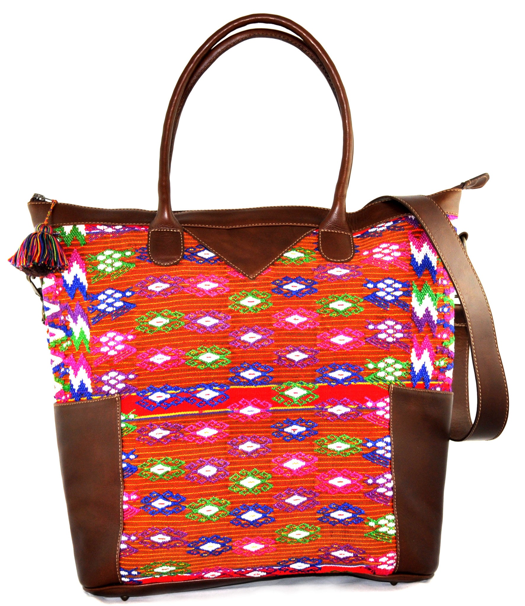 Huipil Weekender Tote - Red with Brown Leather – EverMaya