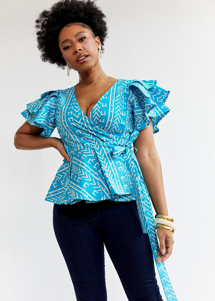 Aega Women's African Print Peplum Blouse (Blue Red Tiles) - Clearance –  D'IYANU