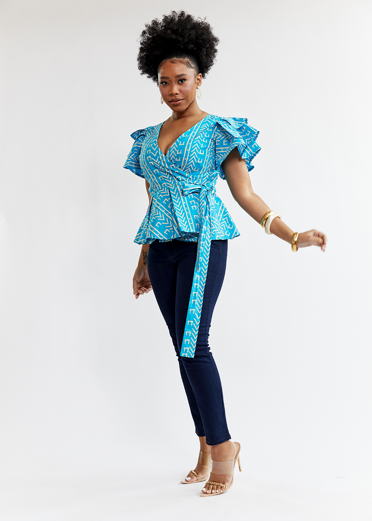 Aega Women's African Print Peplum Blouse (Blue Red Tiles) - Clearance –  D'IYANU