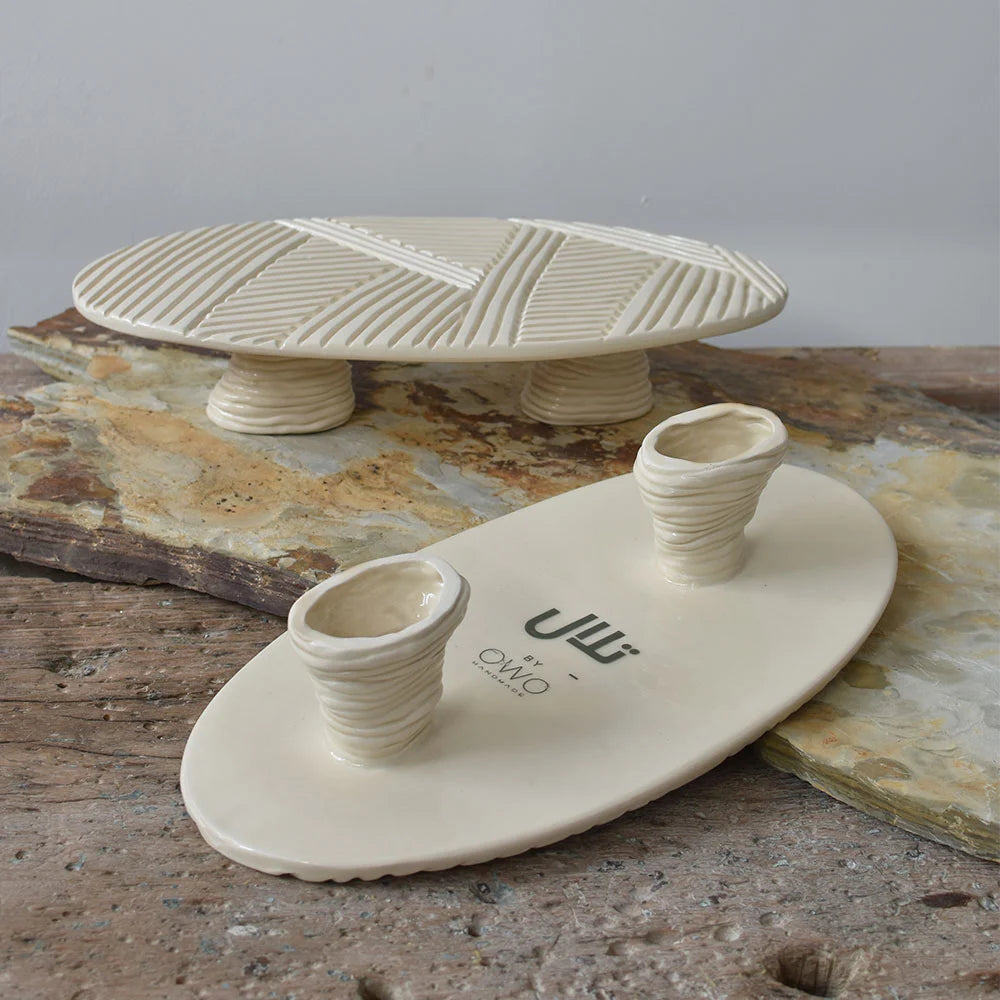 Custom ceramic platters with stand, handcrafted by OWO Ceramics