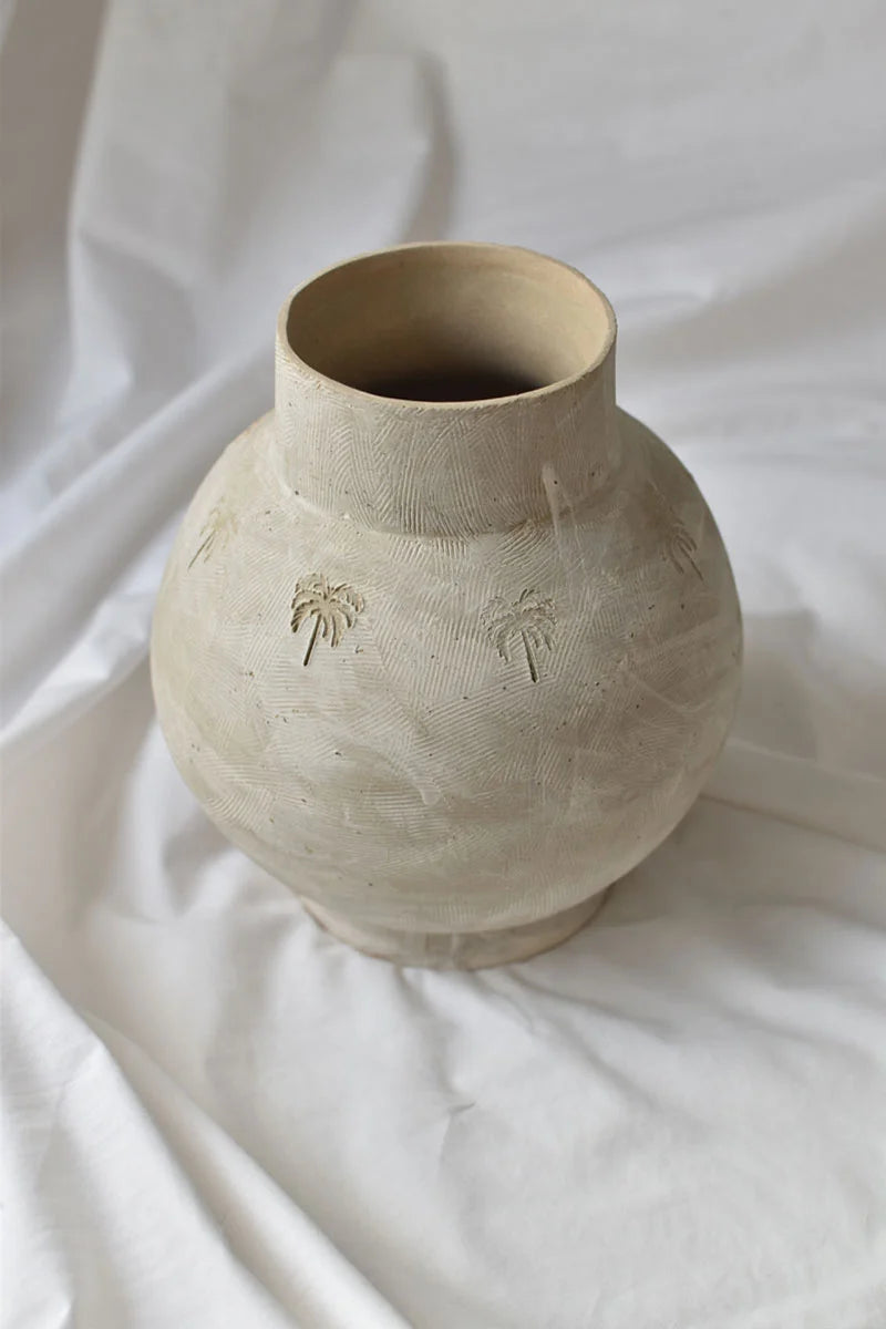 Custom flower vase with palm trees, handcrafted in stoneware clay by OWO Ceramics