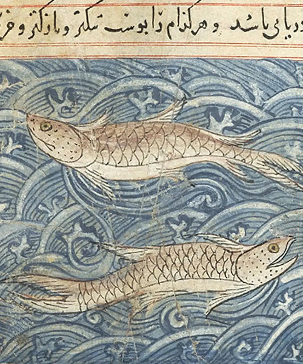 19th-century Iranian medieval manuscript depicting two fish amidst ocean waves