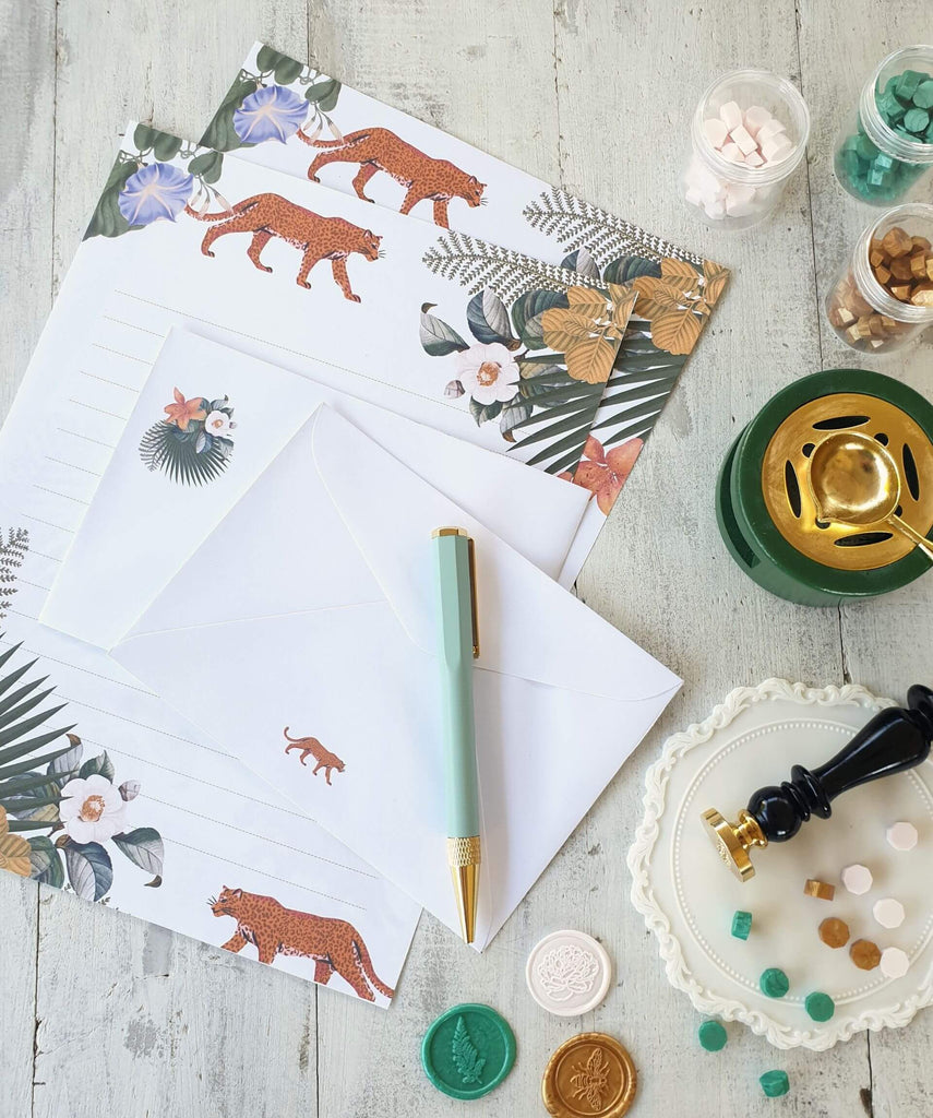 letter writing set with jungle leopard design and wax seal kit