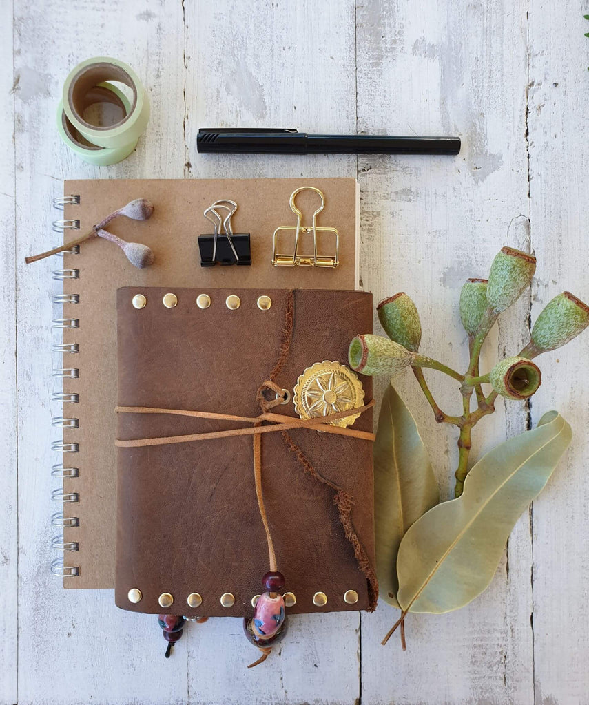 Leather journal and notebook with pen and washi tape