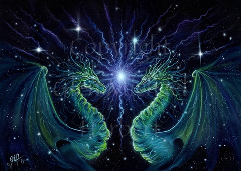 A mirror image pair of green dragons facing one another on long necks, their wings held up behind them. They appear as streams of energy in shades of blue, green and yellow. In the centre of the image behind them, a star radiates streams of white and blue energy. The background is a deep blue starlit sky.