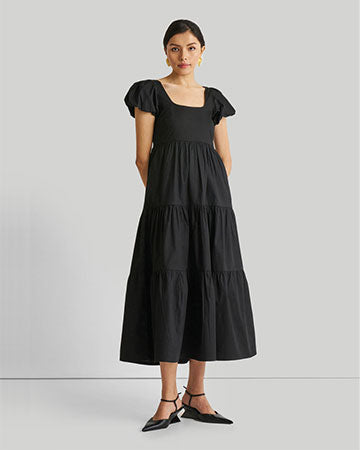 Puff Sleeve Tiered Maxi Dress in Black