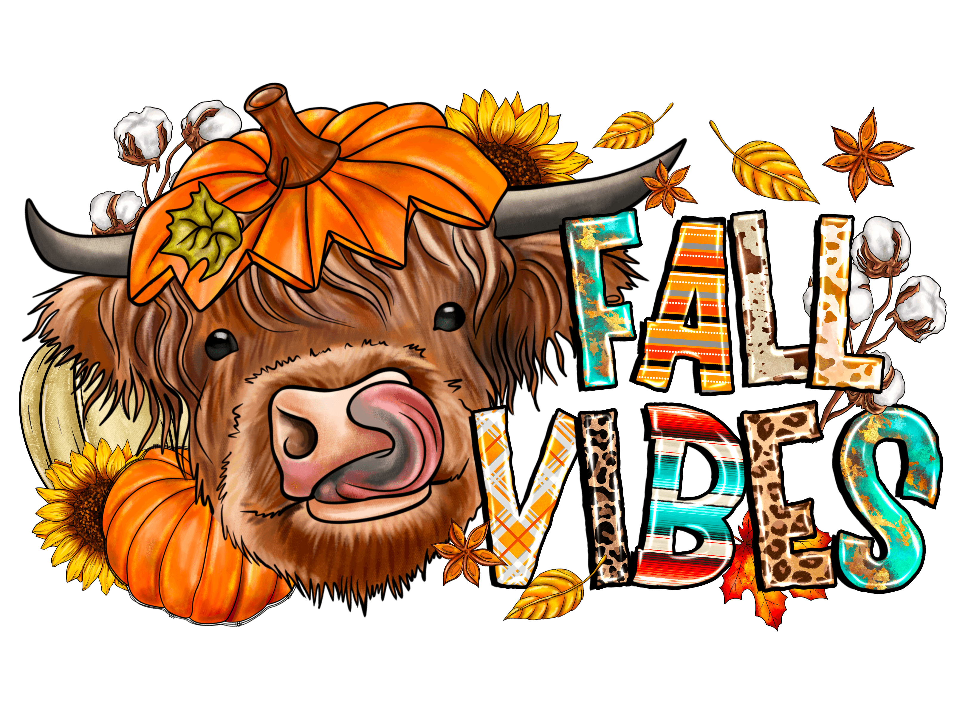 Fall Vibes Highland Cow DTF (direct-to-film) Transfer