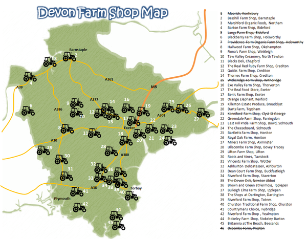 Map showing farm shops in Devon