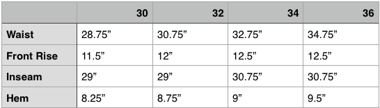 Nanamica Wide East Pant Size Chart