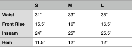 Needles H.D. BDU Pant Size Chart