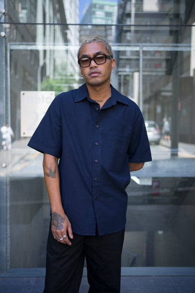 Thom Morison Short Sleeve Shirt Seersucker Navy