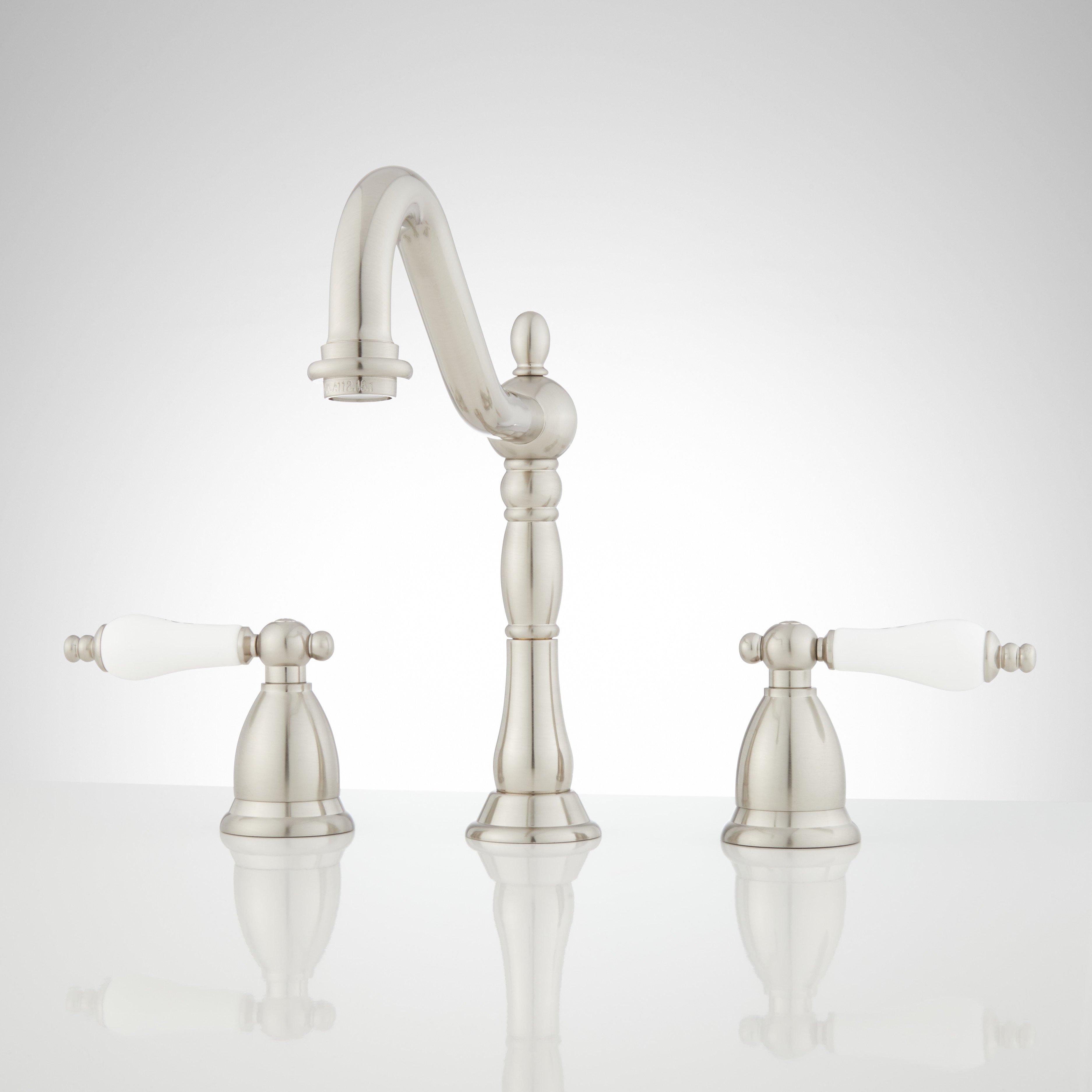 Signature Hardware SH449713BN Victorian Gooseneck Bathroom Faucet - Porcelain Lever Handles - Brushed Nickel