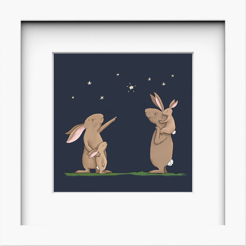 Illustration of a Bunny rabbit family looking at the stars