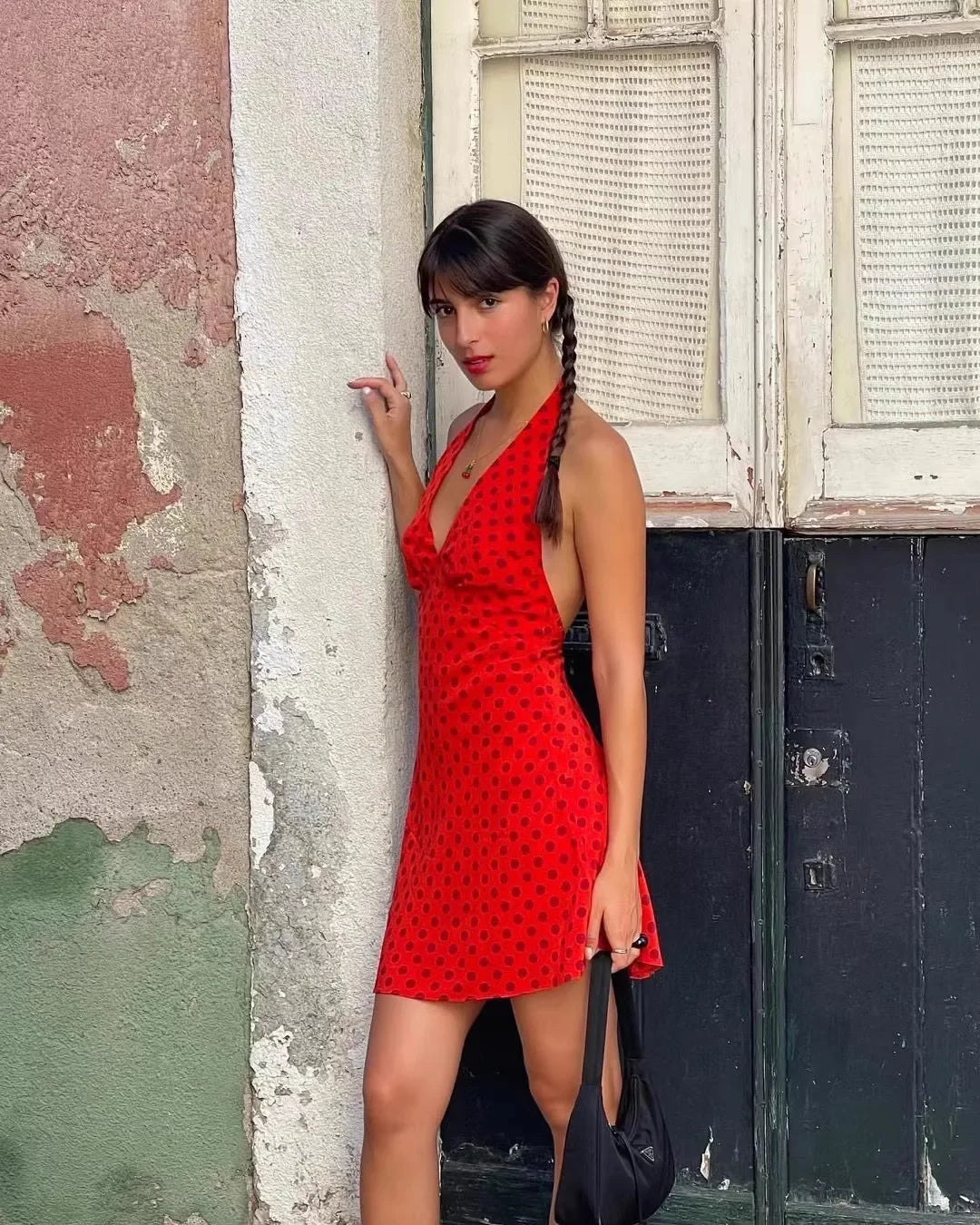 French Style Vintagered Polka Dot Halter Neck Mini Dress Women's Sexy Sweet Spicy Open Back Waist-fitted Summer Dress - Just The Fly Way xuyhy7-hc.myshopify.com