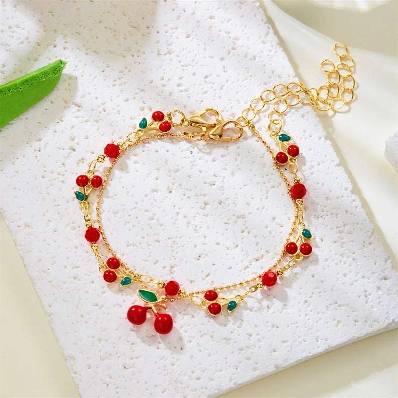 Cute Sweet Red Cherry Chain Bracelet Necklace For Women Vintage Gold Color Flower Fruit Clavicle Anklet Wedding Party Jewelry - Just The Fly Way xuyhy7-hc.myshopify.com