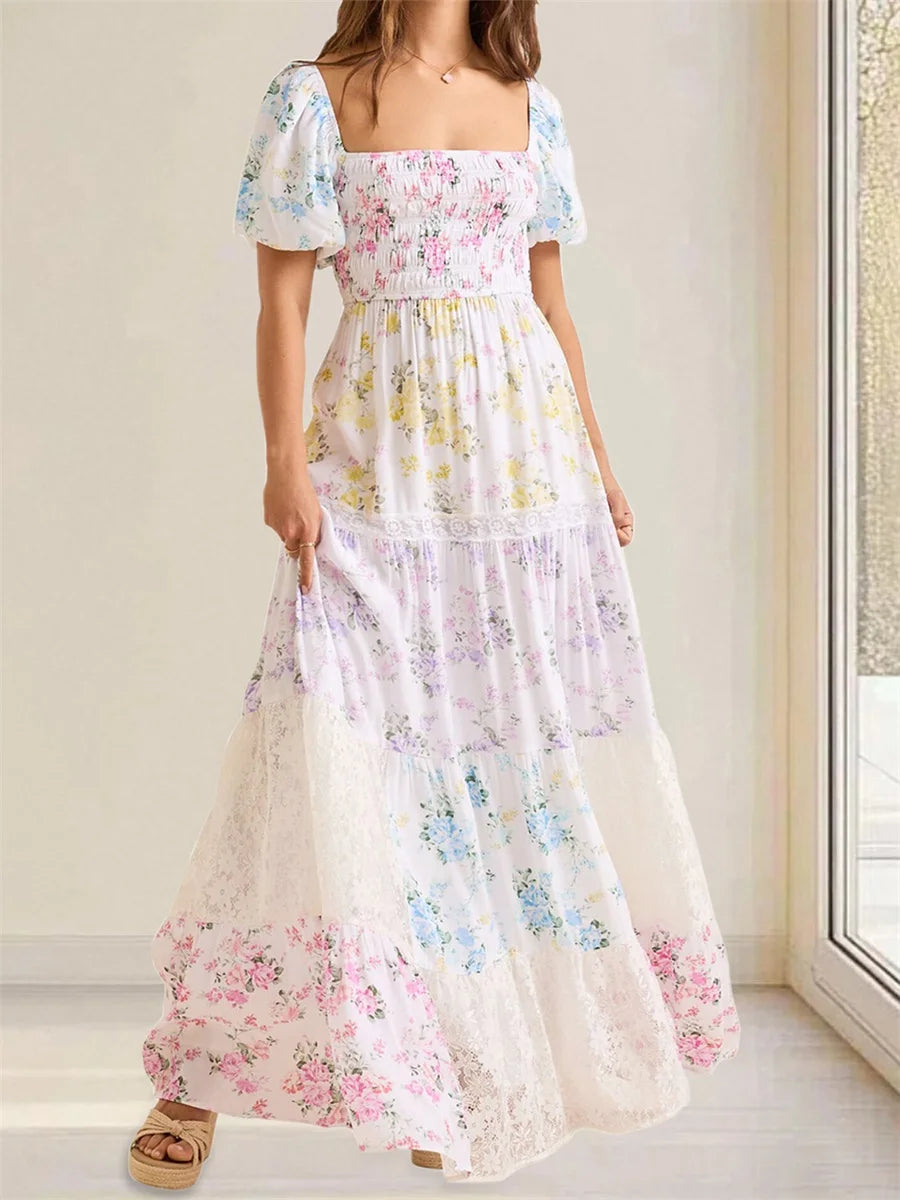 Elegant Floral Print Short Sleeve A-Line Dress with Ruffled Hem for Women Perfect for Cocktail Parties and Streetwear Fashion - Just The Fly Way xuyhy7-hc.myshopify.com