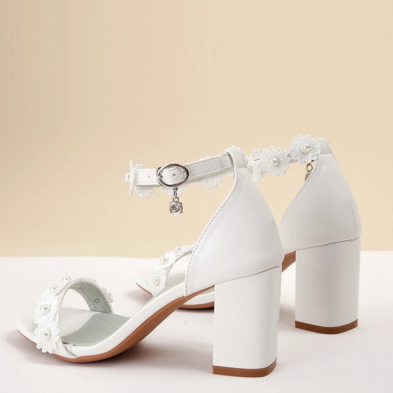 Women's Block Heel Sandals Faux Pearls Decor Flowers Ankle Strap Round Toe Elegant Chunky Heels Minimalist Banquet Wedding Shoes - Just The Fly Way xuyhy7-hc.myshopify.com
