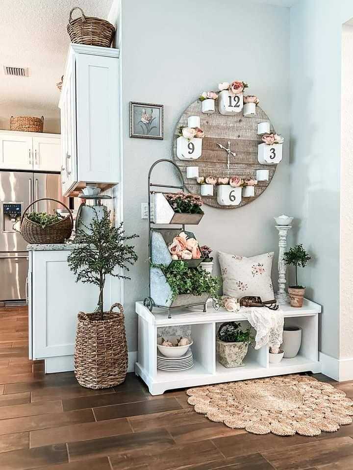 SHIPLAP CLOCK WITH AGED ENAMEL PLANTERS