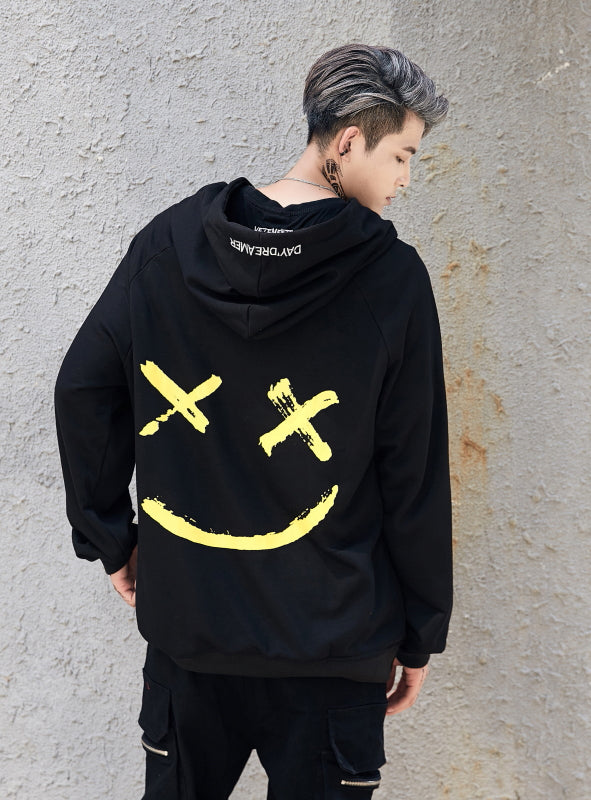 hip hop street custom smile print color stitching hoodie men's autumn