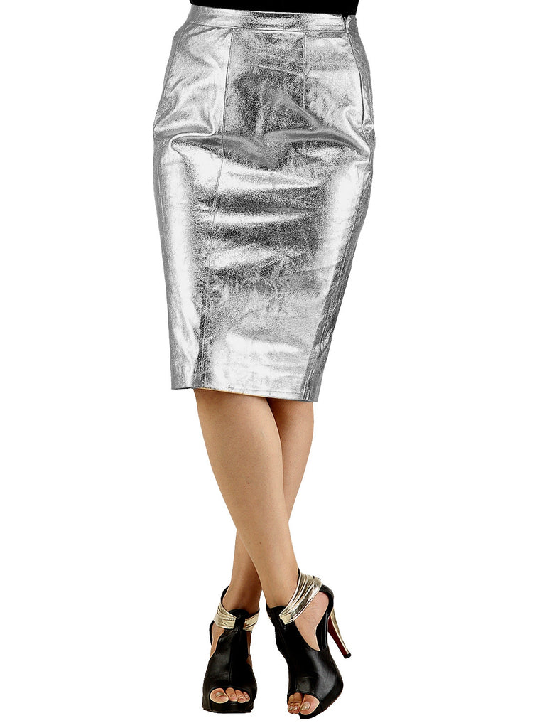 silver metallic skirt knee length
