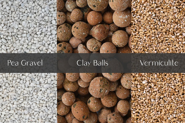 pea gravel, clay balls, and vermiculite 