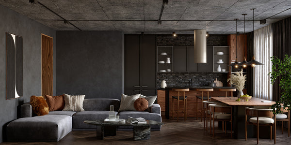 moody black painted livingroom with dark furniture and decor accents