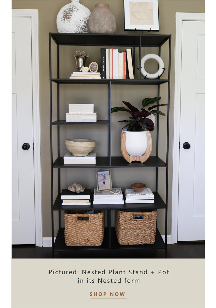 nested-plant-stand-styled-on-a-modern-bookshelf-braidandwood