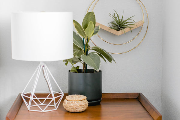 gold air plant hanger mounted on wall above walnut nightstand