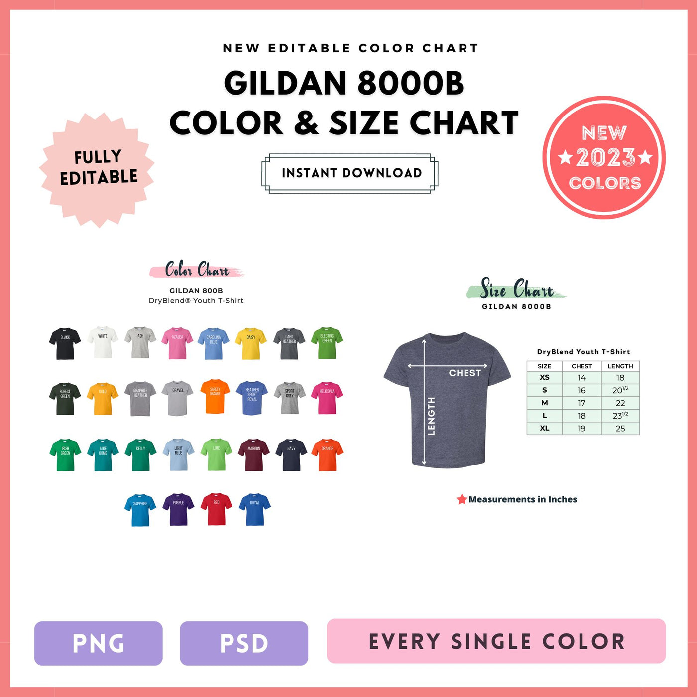 Gildan 8000B Editable Color and Size Chart – RoxyOceanStudio