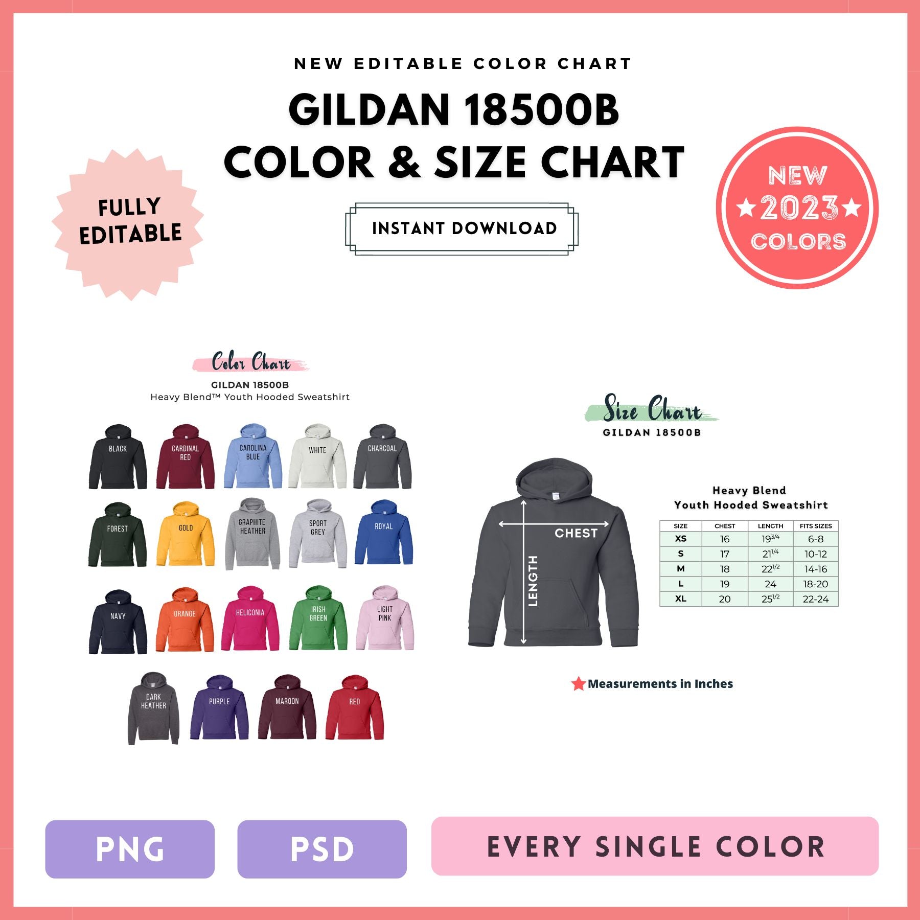 Gildan 18500B Editable Color and Size Chart – RoxyOceanStudio