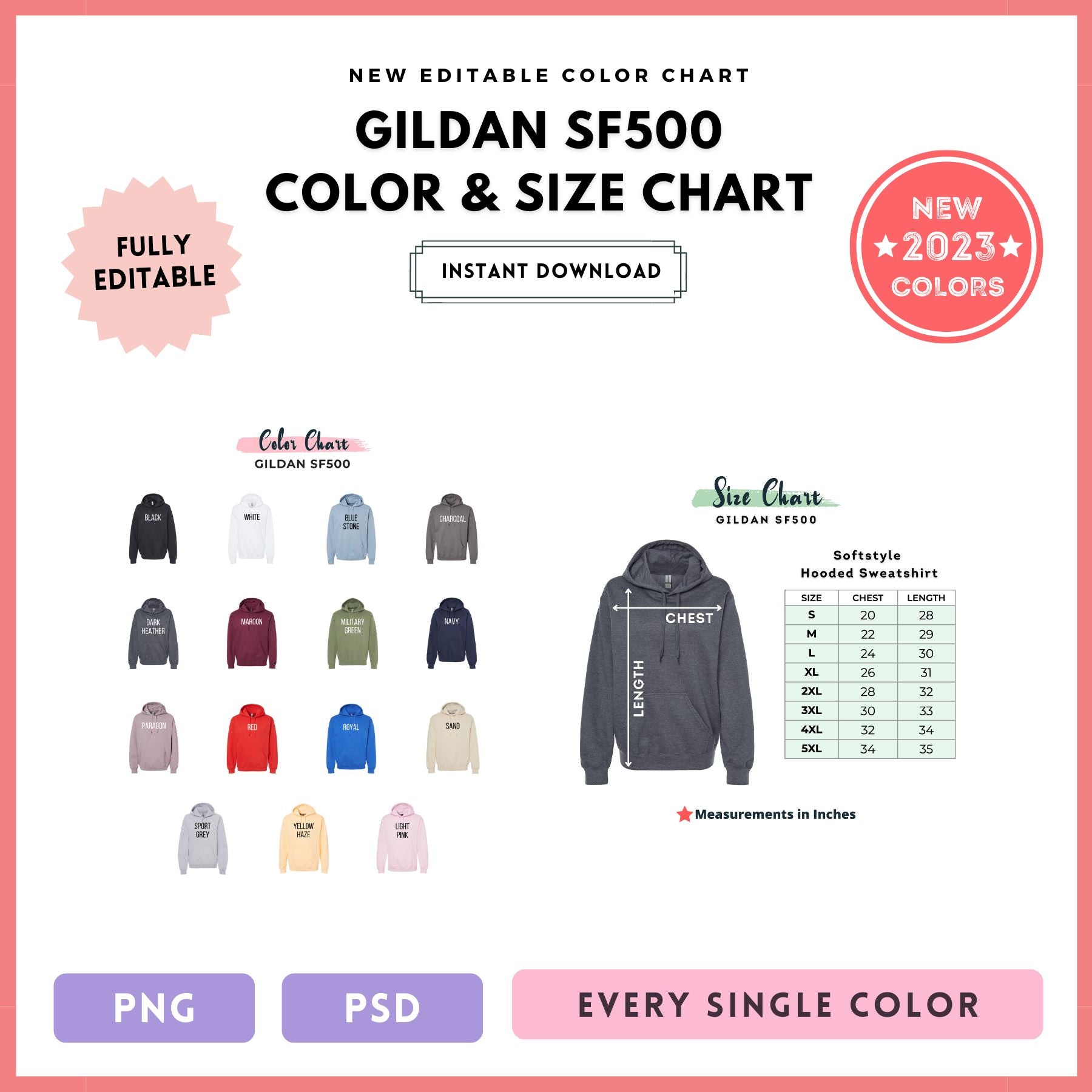 Gildan SF500 Color and Size Chart – RoxyOceanStudio