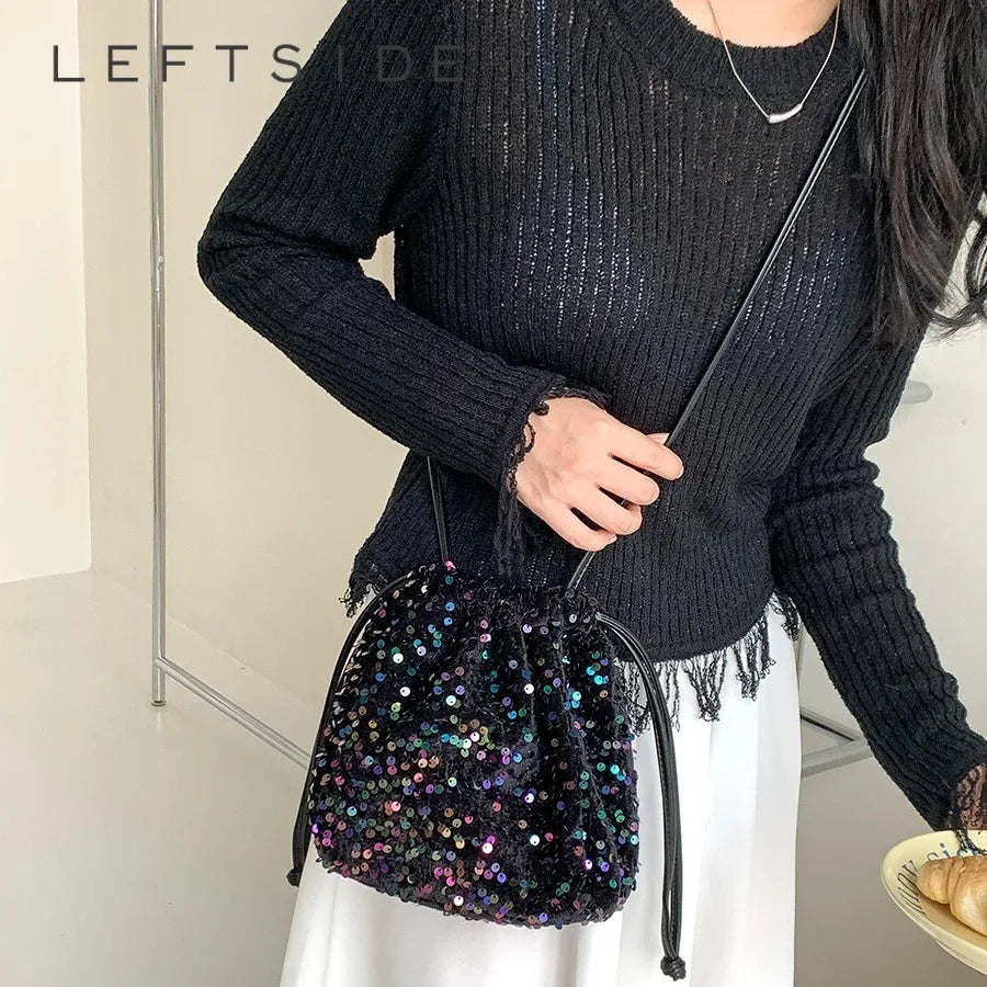 Weiyinxing Small Bucket Shiny Crossbody Bag Lady Handbags and Purses for Women 2024 New Designer Sequin Drawstring Bucket Bag