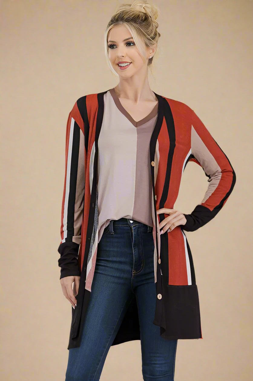 Striped Button Up Long Sleeve Cardigan in Rust