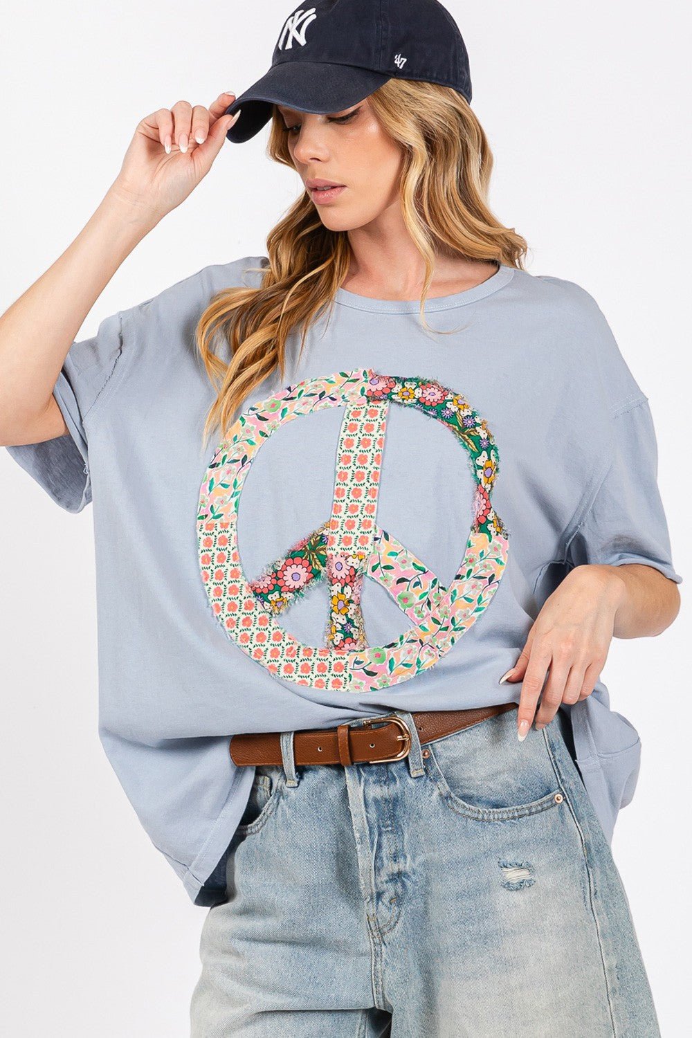  Peace Sign Crew Neck Half Sleeve T-Shirt in Dusty Blue 