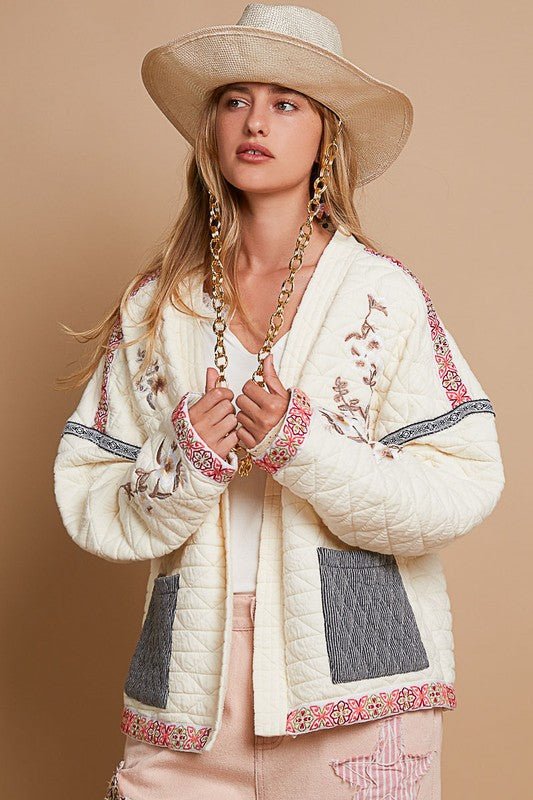 Embroidered Open Front Quilted Jacket in Cream