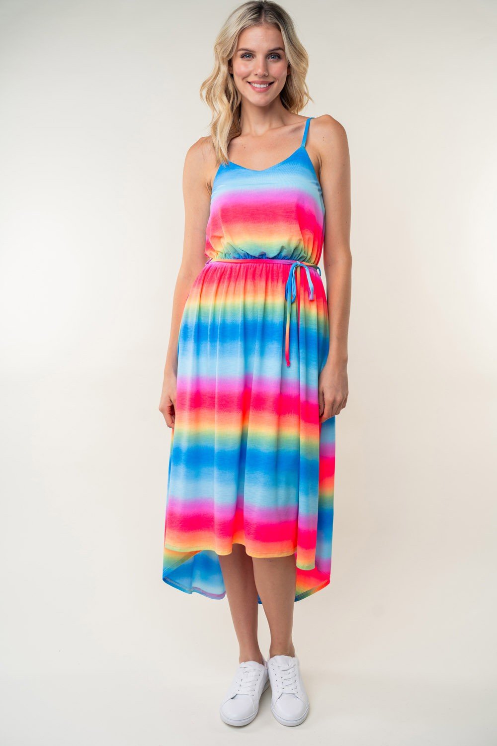  Rainbow Striped Midi Sleeveless Cami Dress 