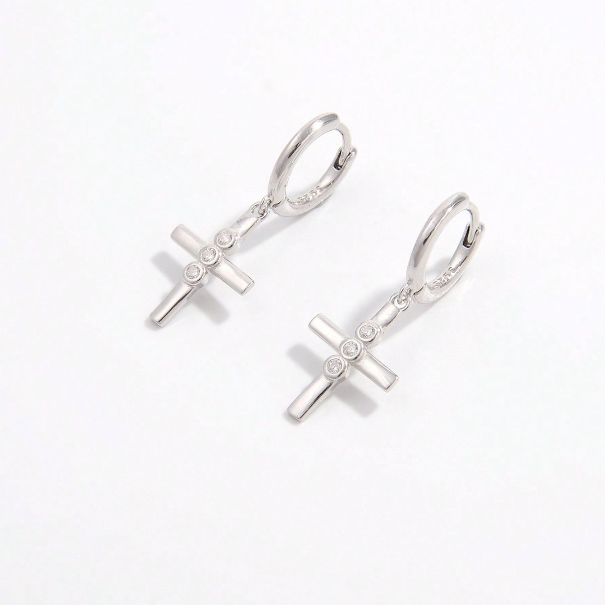  Silver Zircon Cross Drop Earrings 