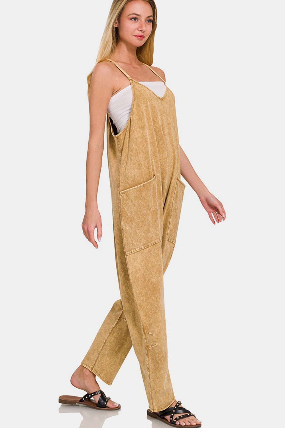  Sleeveless Jumpsuit with Pockets in Camel 