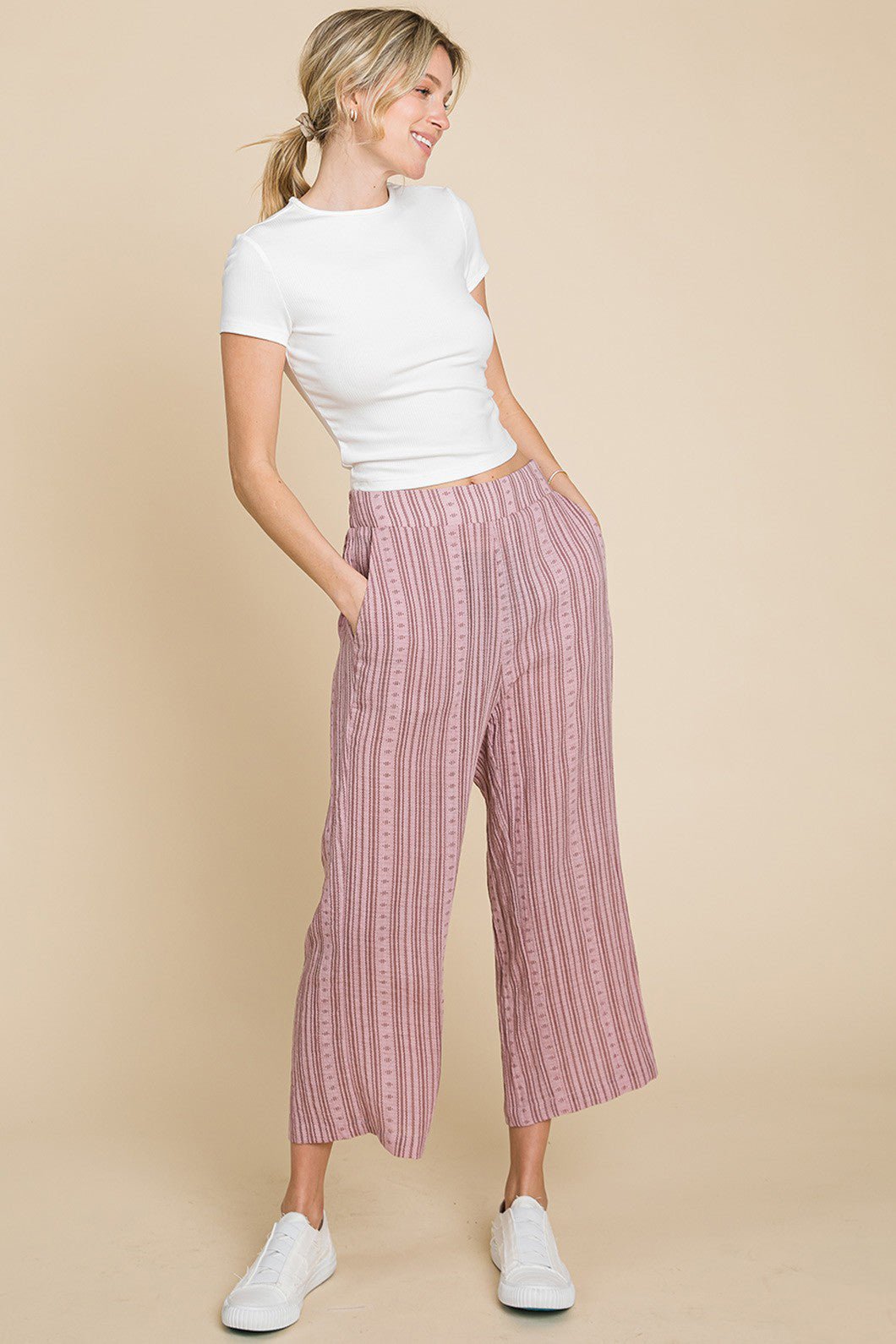  Striped Elastic Waist Wide Leg Crop Pants in Pink 