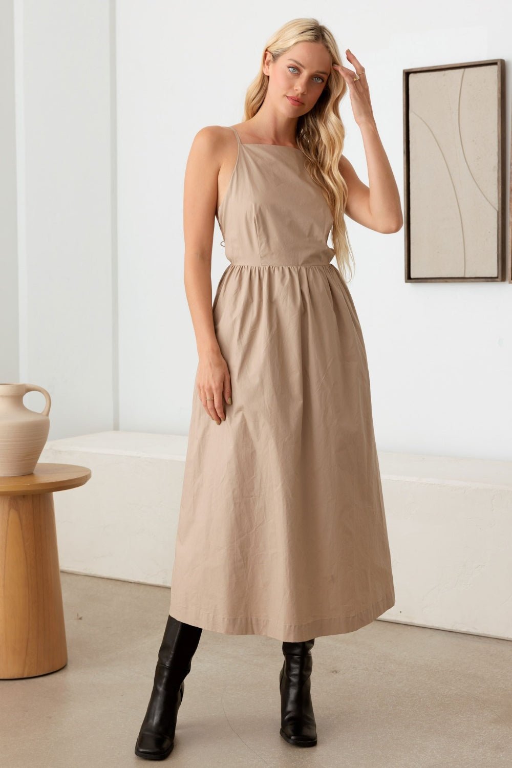  Tie Back Backless Midi Cami Dress in Taupe 