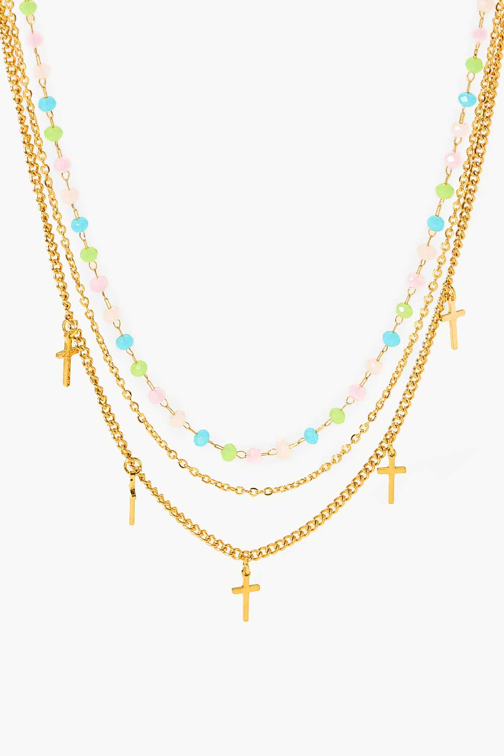  Collier triple épaisseur avec pendentif croix plaqué or 18 carats 