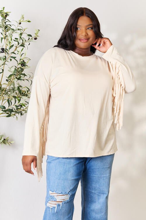  Blouse à manches longues avec détails de franges en ivoire 