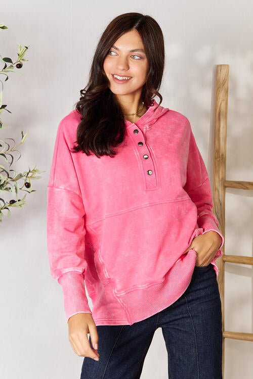  Sweat à capuche en coton à manches longues et poches en fuchsia 