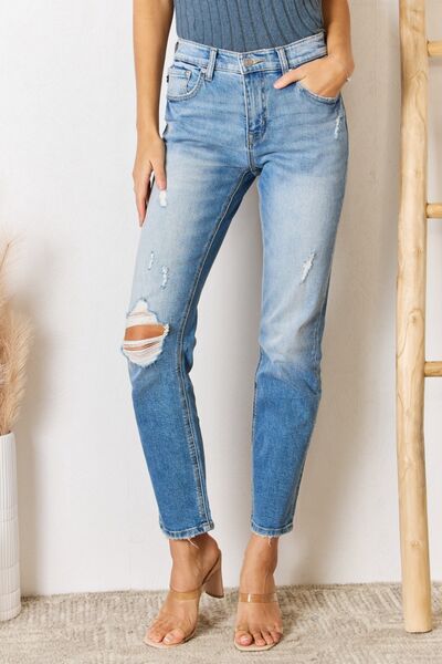  Jean coupe slim à taille haute et effet vieilli, jambe droite, délavé moyen 